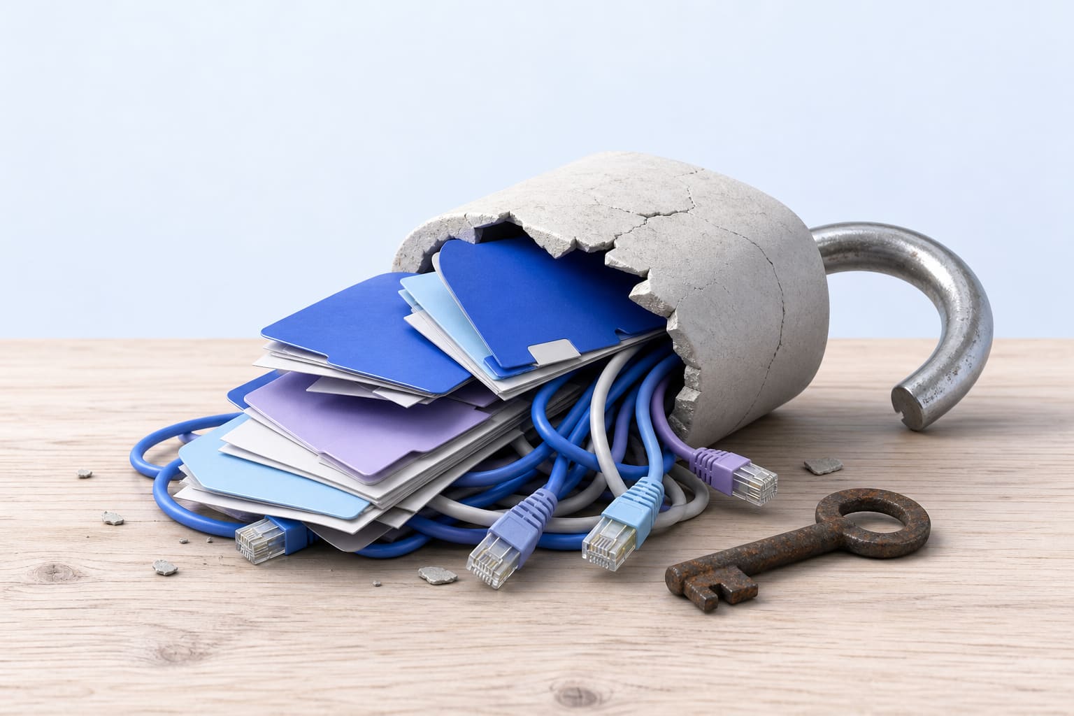 folders and network cables spilling from a cracked padlock with a rusted key on a desk