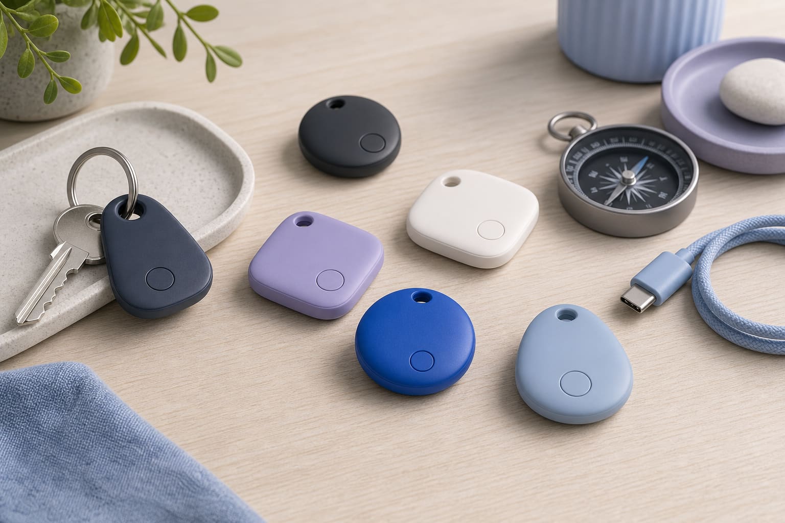 Several small generic Bluetooth tracker tags on a wooden table with a USB-C cable and keys