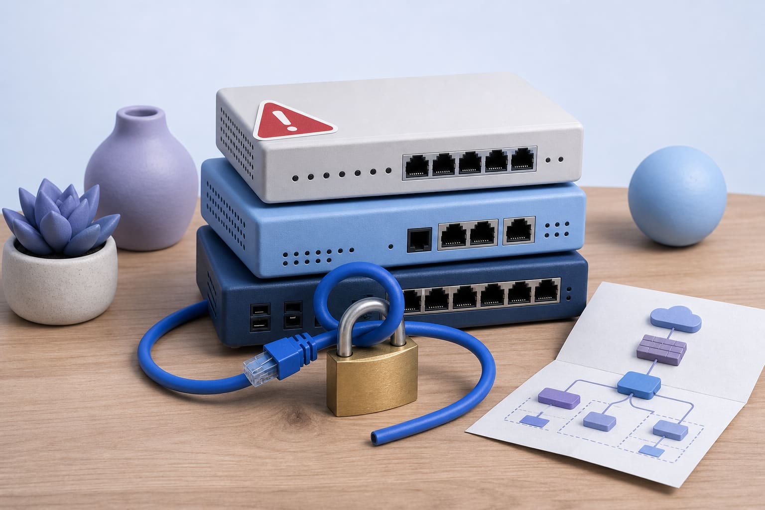 stack of network appliances with red warning sticker, Ethernet cable looped through a padlock, and a paper network diagram