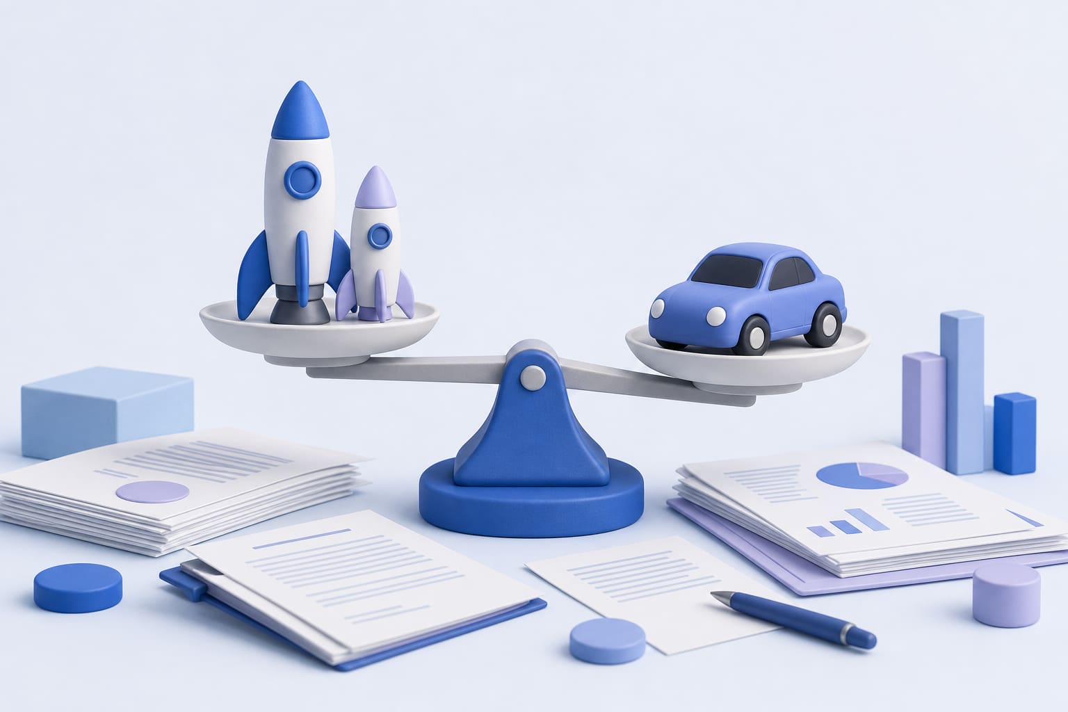 Model rockets and toy car balanced on a scale with legal papers and boardroom documents underneath
