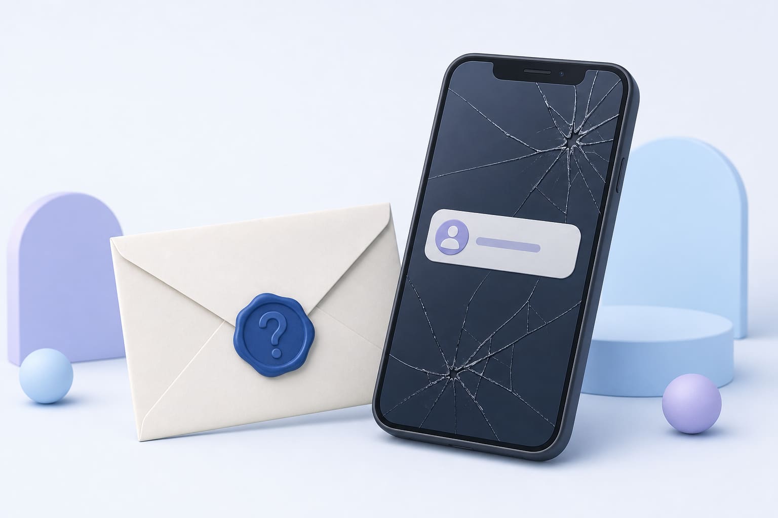 A sealed envelope marked with a question mark sits next to a cracked phone showing a contact name, symbolizing a name‑only scam text