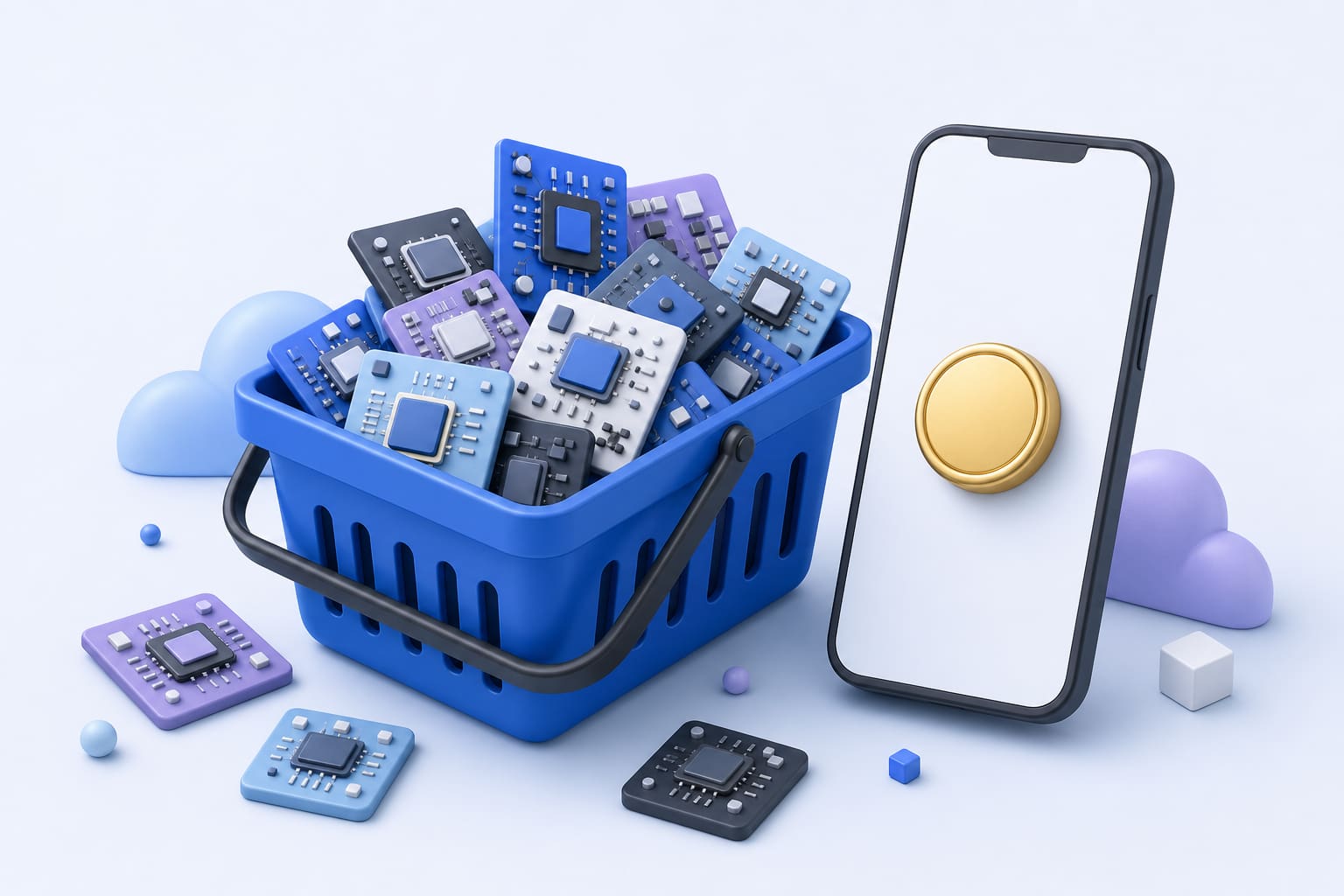 shopping basket filled with miniature AI chips next to a phone with a gold button