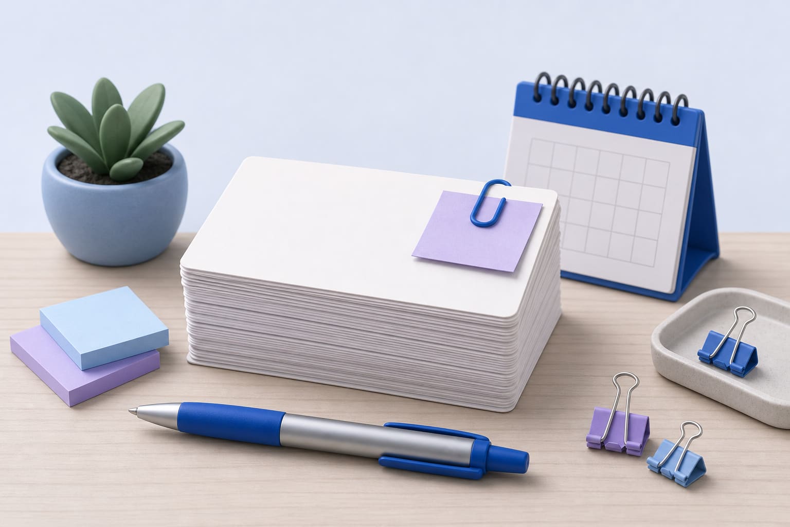 stack of index cards with sticky notes, a pen, and a small calendar on a desk