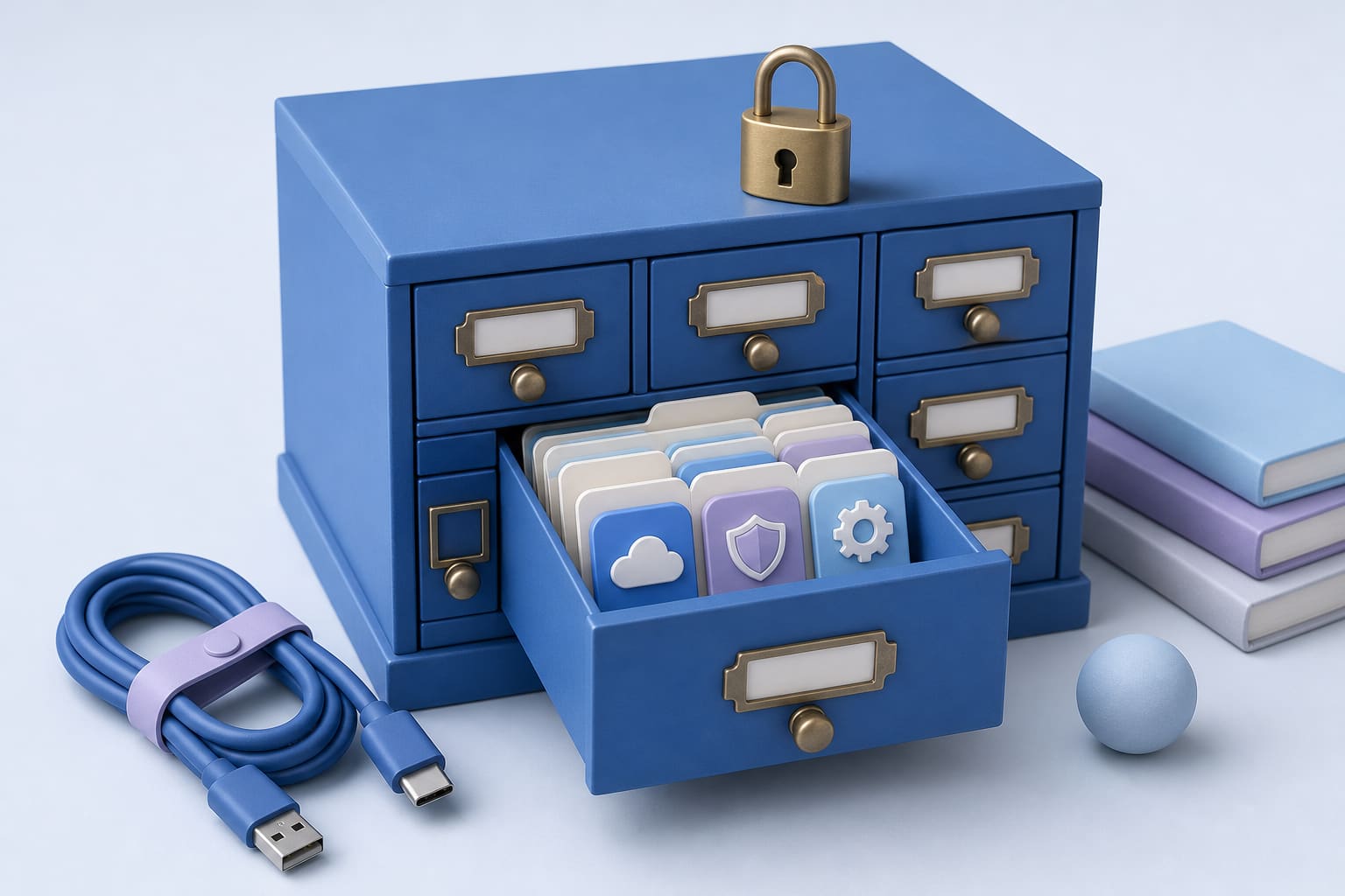 open card catalog drawer holding paper app icons, USB cable and small padlock