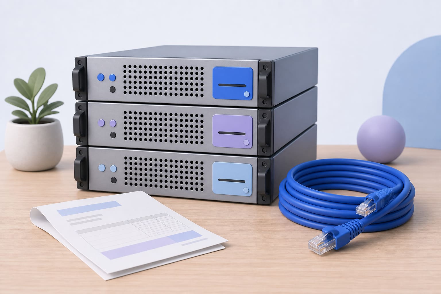 stacked metal server boxes, coiled network cable, and an invoice on a desk