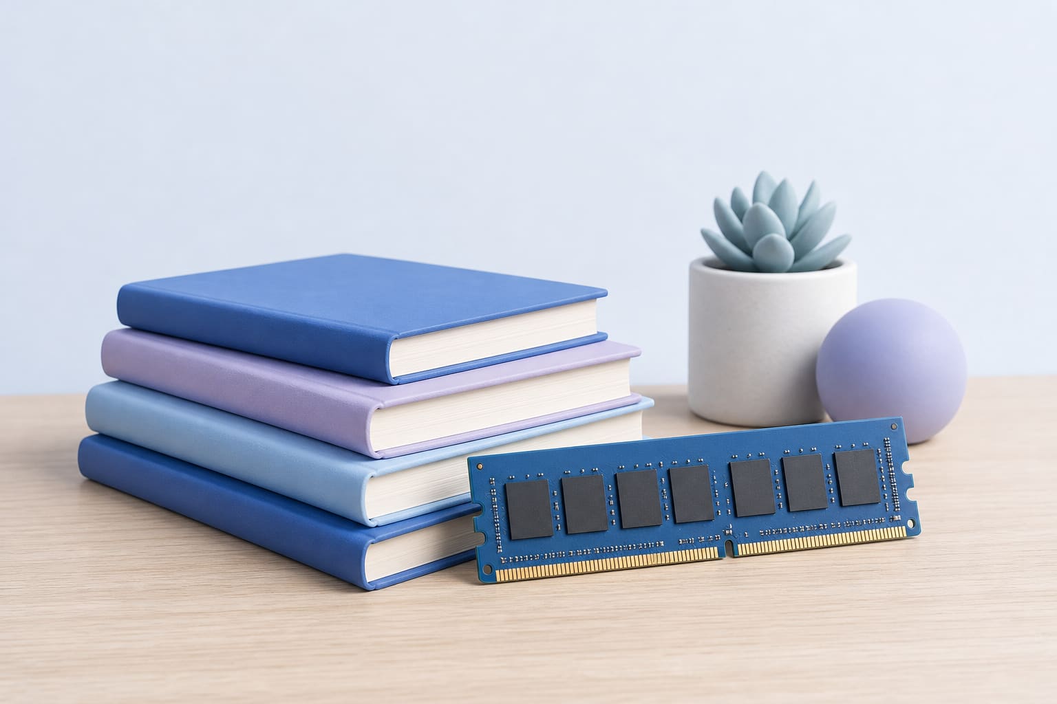 Lightweight books and an 8GB RAM stick placed on a desk, symbolizing improved performance